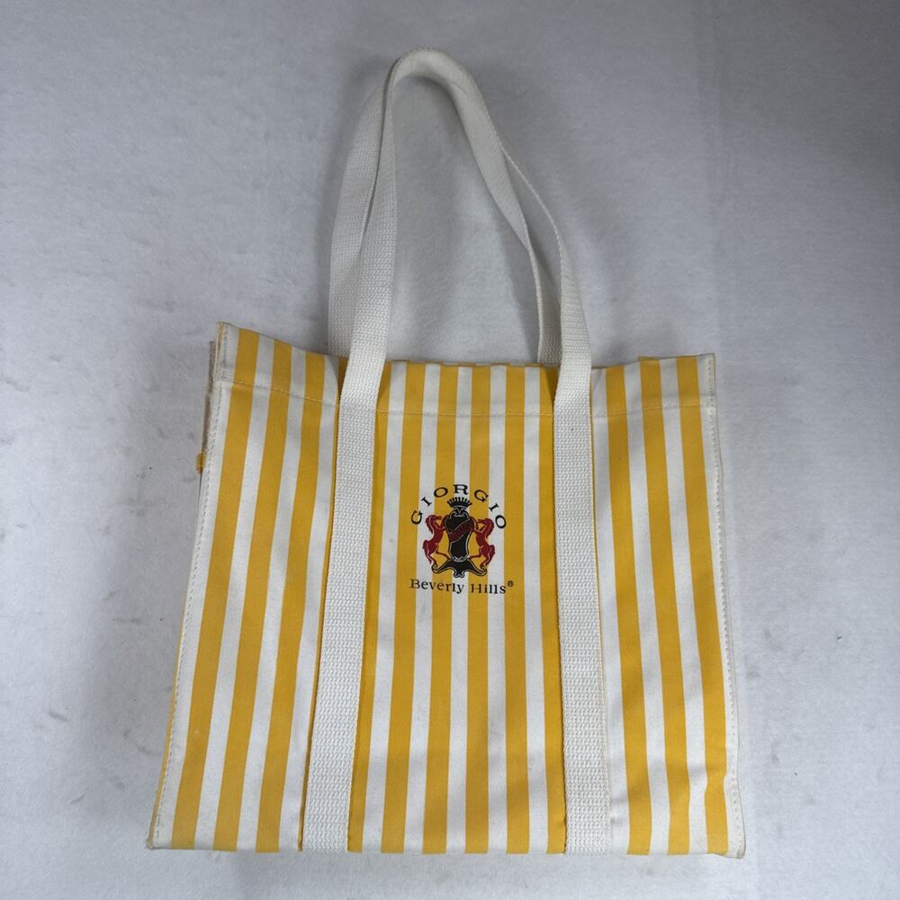 Vintage GIORGIO BEVERLY HILLS Yellow Stripes Canvas Shopping Bag Tote